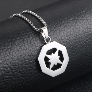 Vintage stainless steel hexagon pendant with star pattern on a black box chain