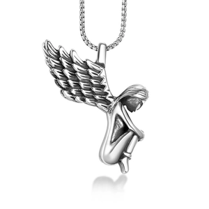 Collier Pendentif Ailes d'Ange à Genoux en Acier Titane Rétro Bijoux de Cou en Argent Poli Personnalisé pour Unisexe