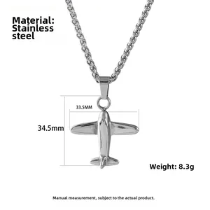 Detailed dimensions of the silver stainless steel fighter plane pendant and rope chain