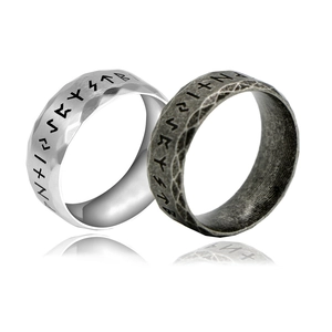 Viking Rune Stainless Steel Ring For Men Women Vintage Nordic Runes Hammered Band Etched Mythology Jewelry Finger Ring