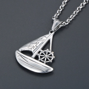 Polished titanium steel sailing ship pendant necklace with anchor and rudder details