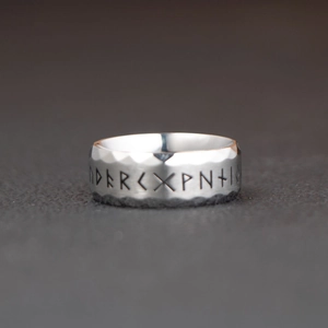 Nordic Viking rune ring in silver titanium steel with retro hammered texture finish