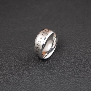 Vintage stainless steel wide band ring with Nordic runes and hammered texture