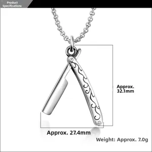 Detailed view of barber razor pendant with floral engraving and 32mm size specs