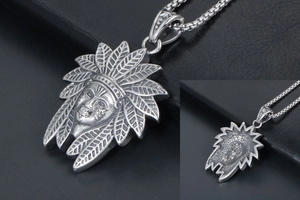 Detailed views showing the front and back of a tribal Indian chief portrait pendant necklace