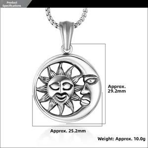 Détails du pendentif soleil lune indiquant les dimensions de 29,2 mm par 25,2 mm de large