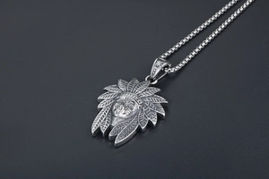 Detailed macro view of vintage Indian chief pendant and durable stainless steel chain