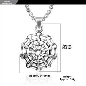 Macro view of spider web pendant showing dimensions 29.6mm height and 5.0g weight