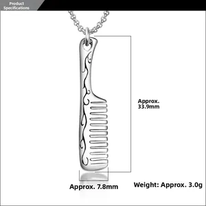 Detail of comb pendant showing 33.9mm height and 7.8mm width in polished steel