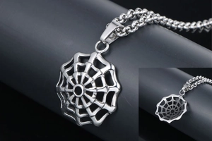 Detailed view of silver stainless steel spider web pendant with heavy duty chain link