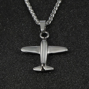 Men's stainless steel necklace featuring a P51 Mustang fighter plane pendant on braided chain