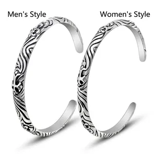 Vintage Gothic Stainless Steel Cross Totem Open Bangle For Men Women Punk Retro Embossed Scroll Pattern Cuff Bracelet