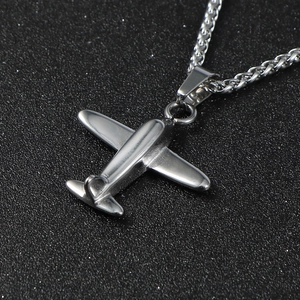 Polished stainless steel P51 airplane pendant necklace for men with fine link chain