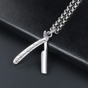 Polished titanium steel razor pendant necklace with engraved handle and rolo chain for men