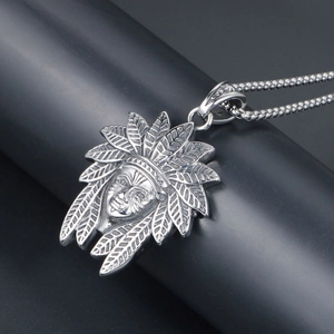 Vintage stainless steel Indian chief portrait pendant necklace with detailed tribal feathers