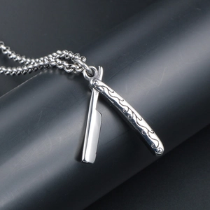 Silver barber razor necklace with engraved stainless steel folding blade pendant for men