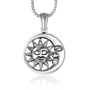 Collier Pendentif Soleil Lune Visage en Acier Inoxydable Rétro pour Hommes Femmes Argent Antique Punk Céleste Bijoux Cadeau