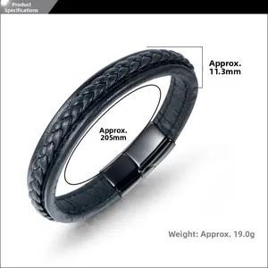 Détails d'un bracelet en cuir tressé pour homme avec fermoir magnétique et dimensions