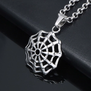 Polished titanium steel necklace featuring a gothic spider web pendant for men and women