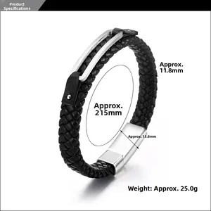 Braided leather bracelet with stainless steel clasp showing 11.8mm width and 215mm length
