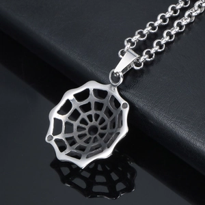 Gothic silver spider web pendant necklace in polished titanium steel for men and women