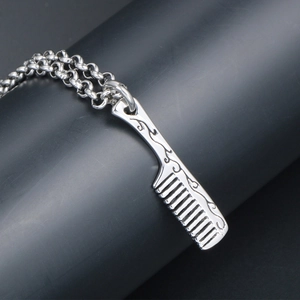 Elegant titanium steel comb pendant necklace with double Rolo chain in silver finish