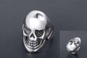 Macro view of polished stainless steel skull ring showing intricate punk gothic details