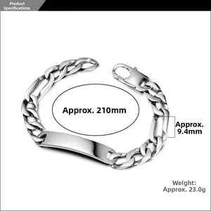 Detailed top view of silver stainless steel ID bracelet with Cuban chain and lobster clasp