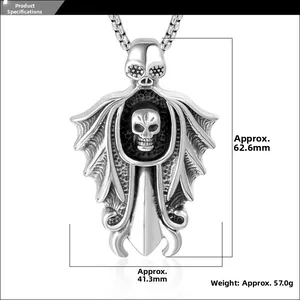 Detailed view of vintage gothic skull pendant showing height 62.6mm and width 41.3mm