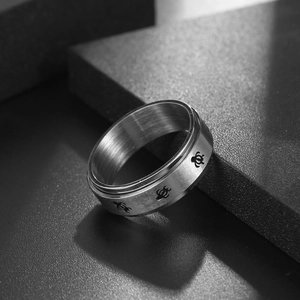 Polished stainless steel spinner ring with cute turtle patterns and brushed metal finish