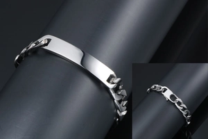 Polished titanium steel curb chain bracelet with flat ID bar and secure lobster clasp