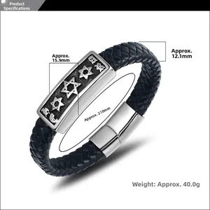 Detailed size specifications for punk leather bracelet with star of David metal plate