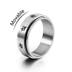 Silver rotatable stainless steel spinner ring featuring cute turtle patterns