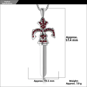 Detail showing dimensions of the sword pendant with red rhinestones and measurements