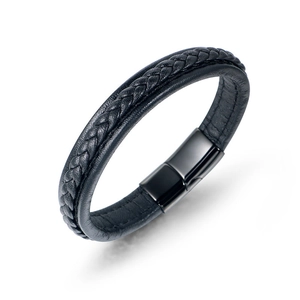 Bracelet Homme en Cuir Tressé Punk Double Couche en Acier Inoxydable avec Fermoir Magnétique Noir Bijoux de Mode Cadeau