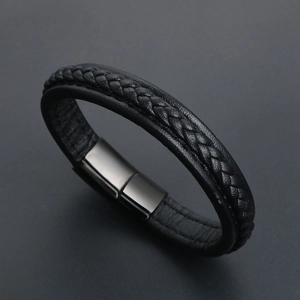 Bracelet punk minimaliste en cuir tressé avec fermoir magnétique poli pour hommes