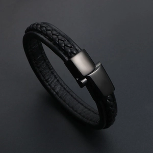 Bracelet pour homme en cuir tressé noir double couche avec fermoir en métal noir mat