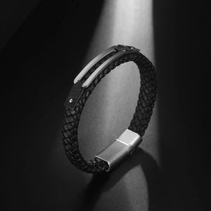 Men's braided black leather bracelet with brushed stainless steel magnetic clasp