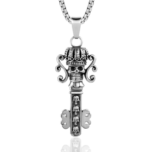 Retro Gothic Skull Crown Key Pendant Necklace For Men Stainless Steel Punk Rock Skeleton Ghost Key Chain Biker Jewelry Gift