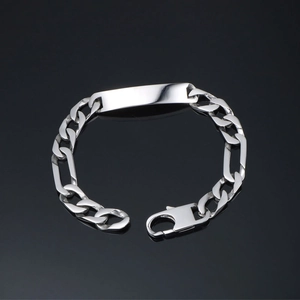 Mens punk titanium steel Figaro chain bracelet with a polished silver ID plate and clasp