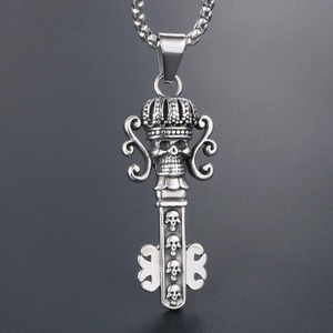 Retro stainless steel crown skull key pendant necklace with industrial silver finish