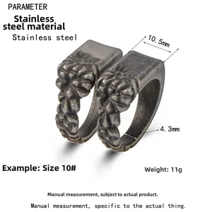 Detail showing dimensions of retro stainless steel ring with 10.5mm width and 4.3mm thickness