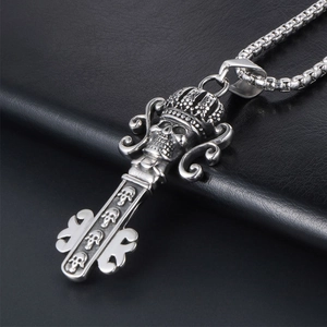 Retro gothic skull crown key pendant necklace in vintage silver steel with ball chain