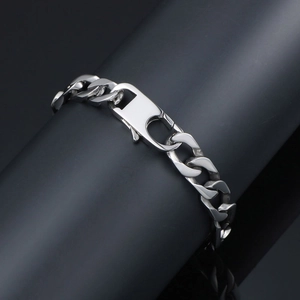 Polished titanium steel Cuban chain bracelet with industrial lobster clasp on stand
