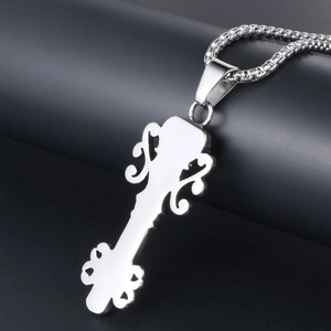 Gothic skull crown key pendant in silver titanium steel with a sleek box chain necklace