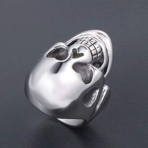 Gothic punk skull ring for men in polished titanium steel with a 45-degree angle view