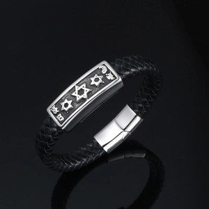 Mens vintage woven leather bracelet with silver stars on a metal plate, punk rock style
