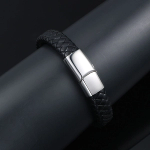 Men's retro punk braided black leather bracelet with polished stainless steel magnetic clasp