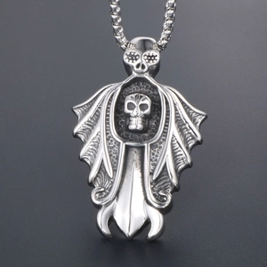 Gothic skull pendant necklace in silver stainless steel with punk sword design for men