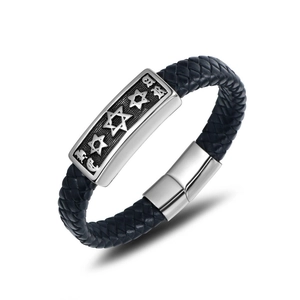 Men's retro punk braided leather bracelet with silver metal Hexagram star charms